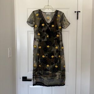 Coach Black and Yellow Sheer Midi Dress V-Neck Short Sleeve